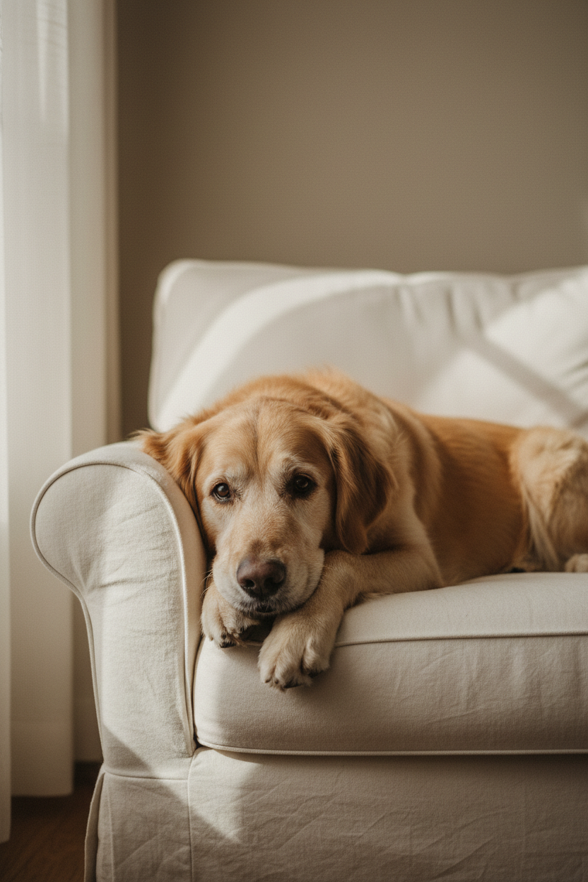 A senior golden retriever resting on a cream sofa